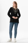 Uzun Kol Çiçek V Yaka Nakışlı Müslin Yazlık Bluz Siyah Syh 2XL-3XL Siyah - 5