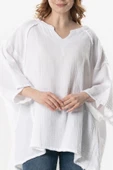 Yarım Kol Nadya V Yaka Müslin Yazlık Bluz Beyaz Byz thumbnail 3