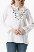 Uzun Kol Çiçek V Yaka Nakışlı Müslin Yazlık Bluz Beyaz Byz 2XL-3XL Beyaz thumbnail 3