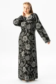 Uzun Kol Büyük Beden Şile Bezi Baskılı Uzun Yazlık Elbise Çınar Desen Siyah Syh 4XL Siyah thumbnail 4