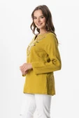 Uzun Kol Çiçek V Yaka Nakışlı Müslin Yazlık Bluz Yağ Yeşili Ygysl 2XL-3XL Yağ Yeşili - 4