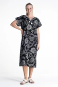 Kısa Kol Şile Bezi Baskılı Uzun Yazlık Elbise Çınar Desen Siyah Syh XL Siyah thumbnail 1