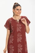 Kısa Kol Şile Bezi Baskılı Zambak Desen Midi Boy Yazlık Elbise Bordo Brd 2XL Bordo thumbnail 3