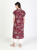 Kısa Kol Şile Bezi Baskılı Uzun Yazlık Elbise Çınar Desen Bordo Brd L Bordo thumbnail 9