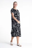 Kısa Kol Şile Bezi Baskılı Uzun Yazlık Elbise Çınar Desen Siyah Syh XL Siyah thumbnail 4