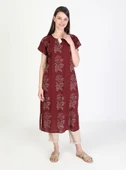 Kısa Kol Şile Bezi Baskılı Zambak Desen Midi Boy Yazlık Elbise Bordo Brd XL Bordo - 7