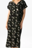 Kısa Kol Şile Bezi Baskılı Midi Boy Yazlık Elbise Serpme Desen Siyah Syh thumbnail 3
