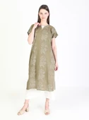 Kısa Kol Şile Bezi Baskılı Zambak Desen Midi Boy Yazlık Elbise Haki Hk L Haki thumbnail 8