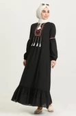 Uzun Kol Şile Bezi Seher Uzun Tesettür Elbise Siyah Syh M Siyah thumbnail 6