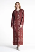 Uzun Kol Şile Bezi Baskılı Uzun Zambak Desen Yazlık Elbise Bordo Brd 2XL Bordo thumbnail 1