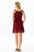 Askılı Şile Bezi Örgülü Mini Yazlık Elbise Bordo Brd L Bordo thumbnail 2