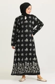Uzun Kol Pamuk Taş Baskı Çıtır Desen Yazlık Etnik Elbise Siyah Syh L Siyah-Beyaz thumbnail 5