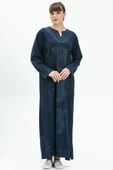 Uzun Kol Şile Bezi Simli Kaftan Midi Boy Yazlık Elbise Lacivert Lcvt 3XL Lacivert thumbnail 1