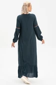 Uzun Kol Şile Bezi Seher Uzun Tesettür Elbise Petrol Ptrl thumbnail 2