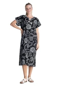 Kısa Kol Şile Bezi Baskılı Uzun Yazlık Elbise Çınar Desen Siyah Syh XL Siyah thumbnail 7