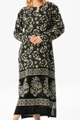 Uzun Kol Pamuk Taş Baskı Yoğun Desen Uzun Yazlık Etnik Elbise Siyah Syh XL Siyah-Beyaz thumbnail 3