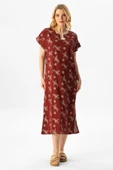 Kısa Kol Şile Bezi Baskılı Midi Boy Yazlık Elbise Serpme Desen Bordo Brd 2XL Bordo thumbnail 1