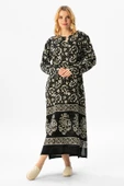 Uzun Kol Pamuk Taş Baskı Yoğun Desen Uzun Yazlık Etnik Elbise Siyah Syh XL Siyah-Beyaz thumbnail 1