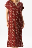 Kısa Kol Şile Bezi Baskılı Midi Boy Yazlık Elbise Serpme Desen Bordo Brd thumbnail 3