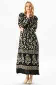 Uzun Kol Pamuk Taş Baskı Yoğun Desen Uzun Yazlık Etnik Elbise Siyah Syh XL Siyah-Beyaz thumbnail 4