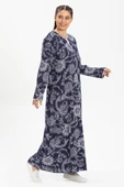 Uzun Kol Şile Bezi Baskılı Uzun Yazlık Elbise Çınar Desen Lacivert Lcvt thumbnail 4