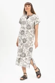 Kısa Kol Şile Bezi Baskılı Uzun Yazlık Elbise Çınar Desen Beyaz Byz L Beyaz thumbnail 4
