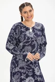 Uzun Kol Şile Bezi Baskılı Uzun Yazlık Elbise Çınar Desen Lacivert Lcvt thumbnail 3