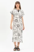 Kısa Kol Şile Bezi Baskılı Uzun Yazlık Elbise Çınar Desen Beyaz Byz L Beyaz thumbnail 1