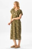 Kısa Kol Şile Bezi Baskılı Midi Boy Yazlık Elbise Serpme Desen Haki Hk thumbnail 4