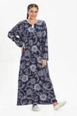Uzun Kol Şile Bezi Baskılı Uzun Yazlık Elbise Çınar Desen Lacivert Lcvt thumbnail 5