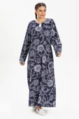 Uzun Kol Şile Bezi Baskılı Uzun Yazlık Elbise Çınar Desen Lacivert Lcvt thumbnail 1