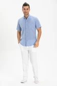 Kısa Kol Dar Kalıp Şile Bezi Tek Cepli Erkek Yazlık Gömlek Mavi 3032 2XL Mavi thumbnail 3