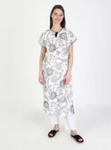 Kısa Kol Şile Bezi Baskılı Uzun Yazlık Elbise Çınar Desen Beyaz Byz L Beyaz thumbnail 7