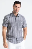 Büyük Beden Kısa Kol Şile Bezi Tek Cepli Erkek Yazlık Gömlek Gri Beyaz Çizgili 3078 4XL Gri Beyaz Çizgili thumbnail 1