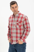 Uzun Kol Dar Kalıp Şile Bezi Tek Cepli Erkek Yazlık Gömlek Kırmızı Lacivert Ekose 3057 L Kırmızı Ekose thumbnail 4