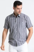 Büyük Beden Kısa Kol Şile Bezi Tek Cepli Erkek Yazlık Gömlek Gri Beyaz Çizgili 3078 thumbnail 3