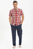 Kısa Kol Dar Kalıp Şile Bezi Tek Cepli Erkek Yazlık Gömlek Kırmızı Lacivert Ekose 3057 M Kırmızı Lacivert Ekose thumbnail 4