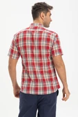 Kısa Kol Dar Kalıp Şile Bezi Tek Cepli Erkek Yazlık Gömlek Kırmızı Lacivert Ekose 3057 S Kırmızı Lacivert Ekose thumbnail 2