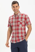 Kısa Kol Dar Kalıp Şile Bezi Tek Cepli Erkek Yazlık Gömlek Kırmızı Lacivert Ekose 3057 M Kırmızı Lacivert Ekose thumbnail 1