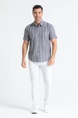 Büyük Beden Kısa Kol Şile Bezi Tek Cepli Erkek Yazlık Gömlek Gri Beyaz Çizgili 3078 4XL Gri Beyaz Çizgili thumbnail 5