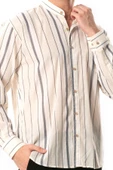 Uzun Kol Şile Bezi Hakim Yaka Tek Cepli Erkek Yazlık Gömlek Ekru Gri Çizgili 3028 - 3
