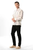 Uzun Kol Şile Bezi Hakim Yaka Tek Cepli Erkek Yazlık Gömlek Ekru Gri Çizgili 3028 XL Ekru Gri Çizgili thumbnail 4
