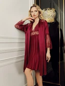 4002 Kadın 2'li Saten Çeyiz Kısa Gecelik Sabahlık Takım - 5