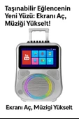 Ekranlı Taşınabilir Mikrofonlu Bluetooth Hoparlör YouTube Destekli, Işıklı, Tekerlekli Müzik Kutusu - 4