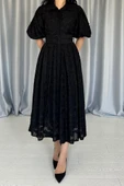 Siyah Kemerli Balon Kollu Elbise thumbnail 3