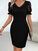 Kadın Kısa Kollu V Yakalı Dantel Detaylı Kısa Ithal Krep Elbise thumbnail 4