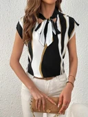 Kadın Kısa Kollu Boyundan Bağlamalı Desenli Dokuma Bluz thumbnail 3