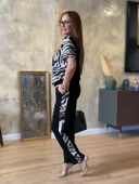 Kadın Bisiklet Yaka Kısa Kol Leopar Desen Bluz Ve Pantolon Ikili Takım thumbnail 2