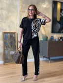 Kadın Bisiklet Yaka Kısa Kol Leopar Desen Bluz Ve Pantolon Ikili Takım thumbnail 3