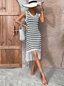 Kadın Kolsuz V Yaka Eteği Püsküllü çizgi Desen Triko Elbise thumbnail 1